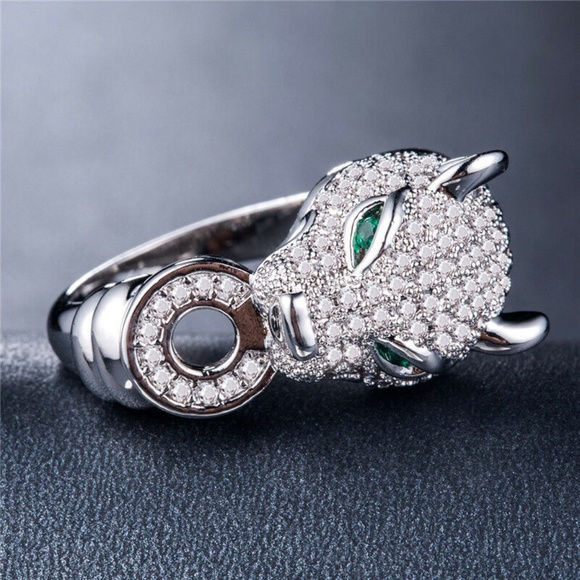 Leopard 925 Silver  Emerald&white sapphire Ring - Picture 3 of 3